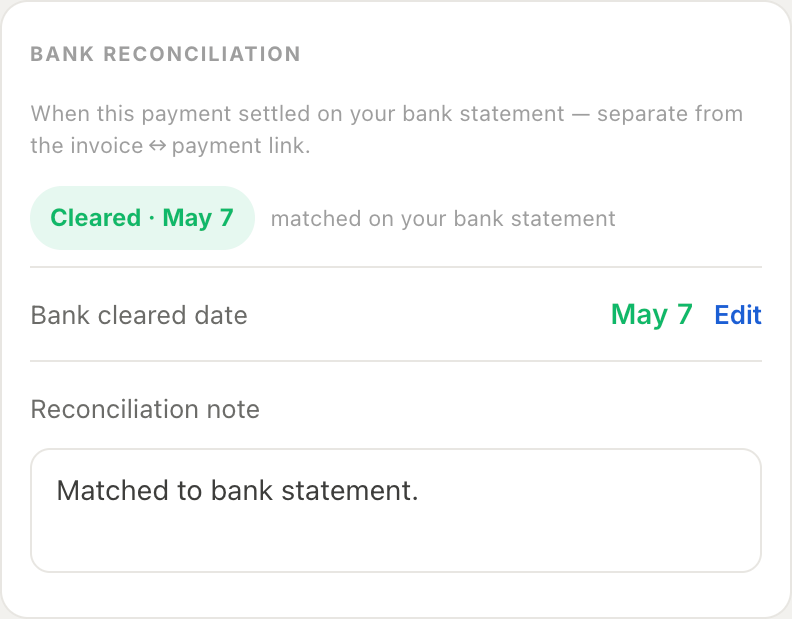 BuildMind bank reconciliation screen showing cleared payment