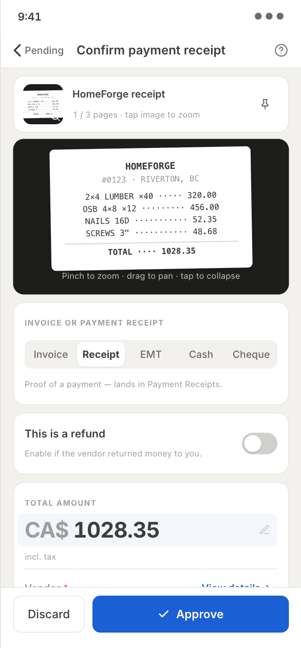 Confirm payment receipt — HomeForge receipt with captured line items