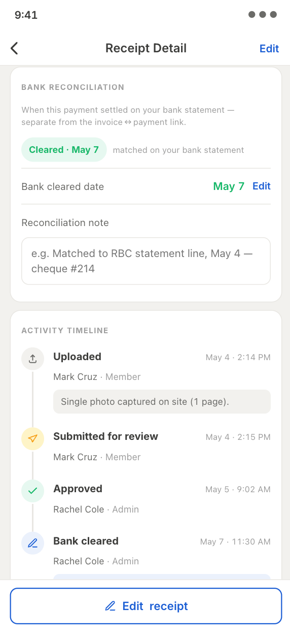 Receipt detail — bank reconciliation cleared with activity timeline