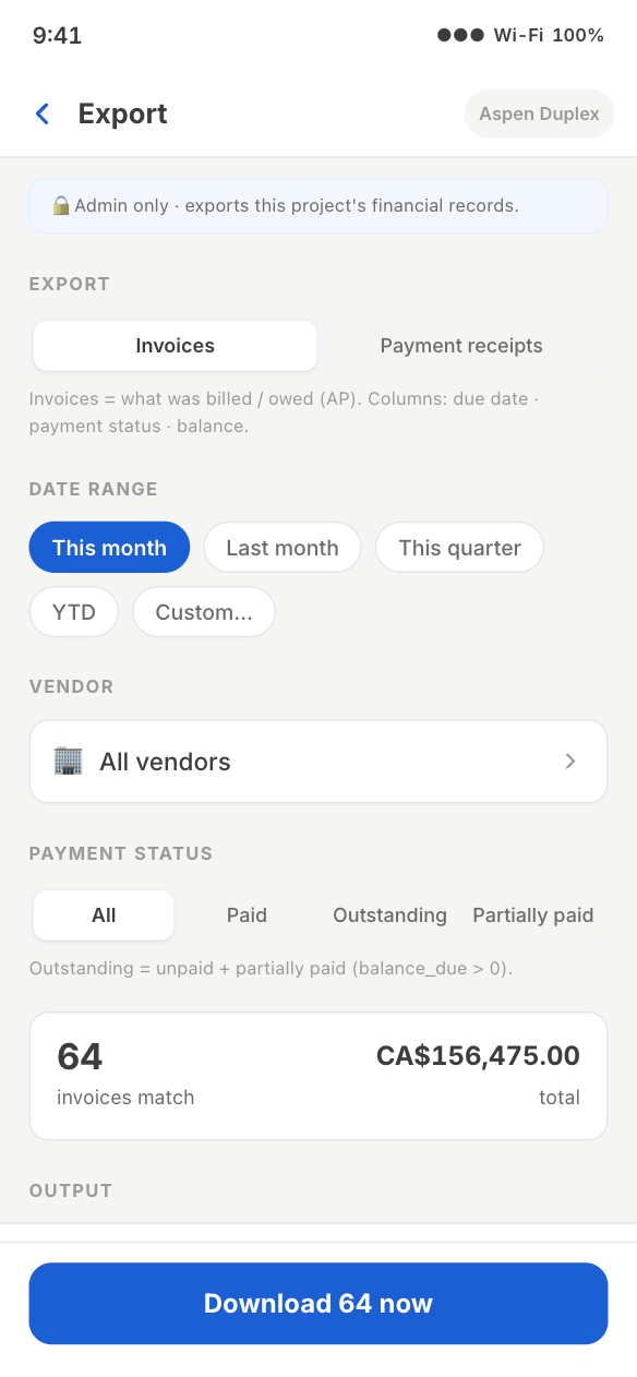 Export — bookkeeping-ready invoices and payment receipts download