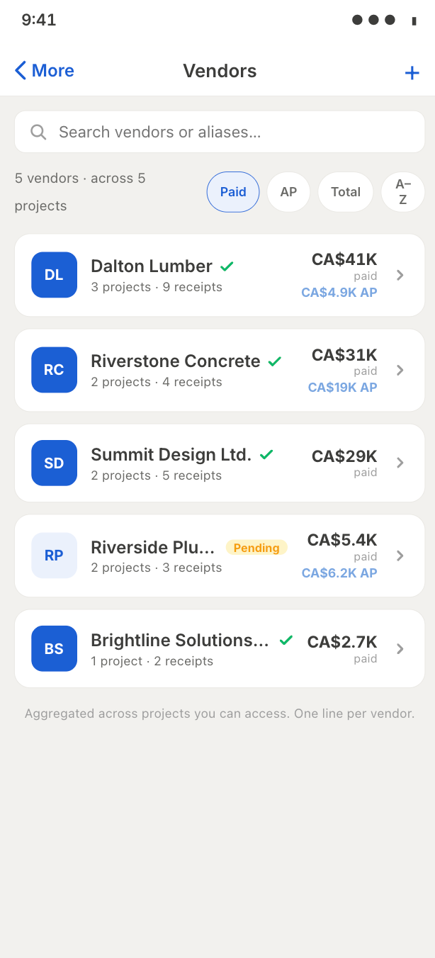 Vendor list and detail — iOS-style push navigation demo